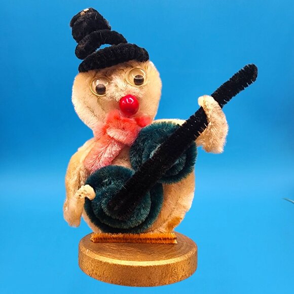 Vintage 1950s Chenille Snowman Ornament Red Nose Hat Scarf Banjo Putz Japan - Picture 2 of 10